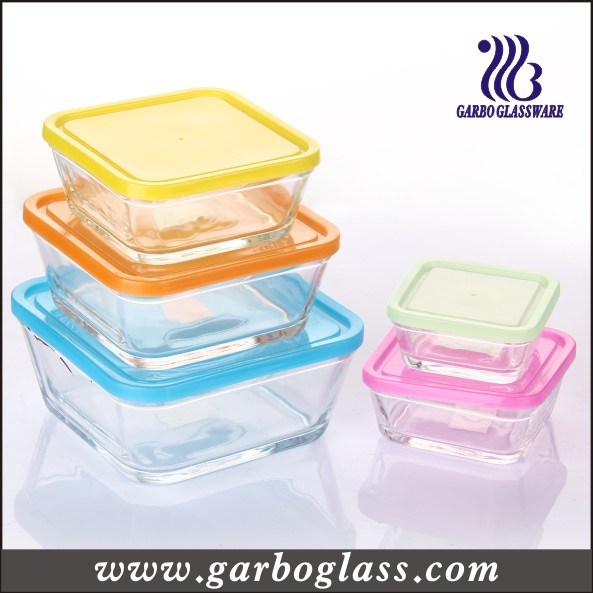 5PCS Square Glass Bowl Set with Different Color Lids (GB1409)