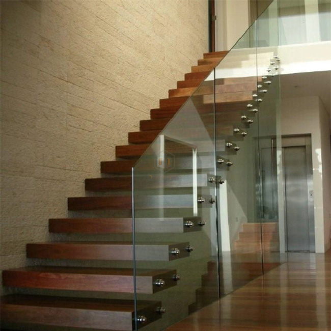 Exterior Solid Wood Glass Railing Floating Straight Staircase