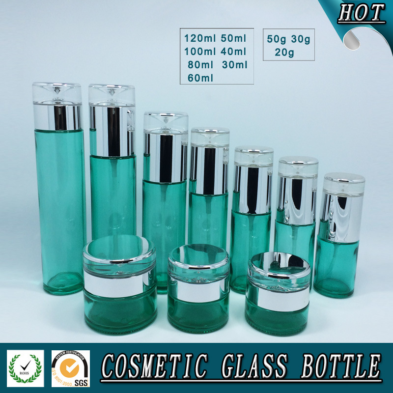 Empty Green Colored Glass Cosmetic Bottle and Cosmetic Glass Cream Jar