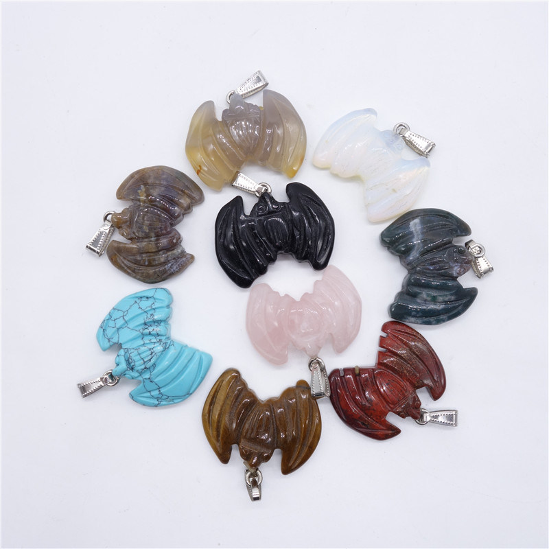 Assorted Natural Gemstone Agate Crystal Bat Halloween Charms Necklaces Pendants