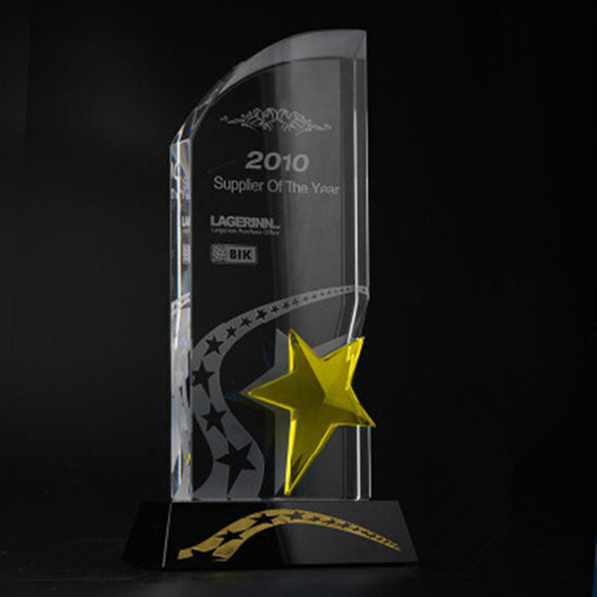 Yellow Star K9 Crystal Glass Trophy with Black Base