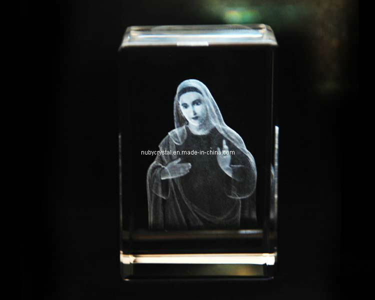3D Mother Mary Statue Engraving Into Crystal Cube for Christian (R3013)