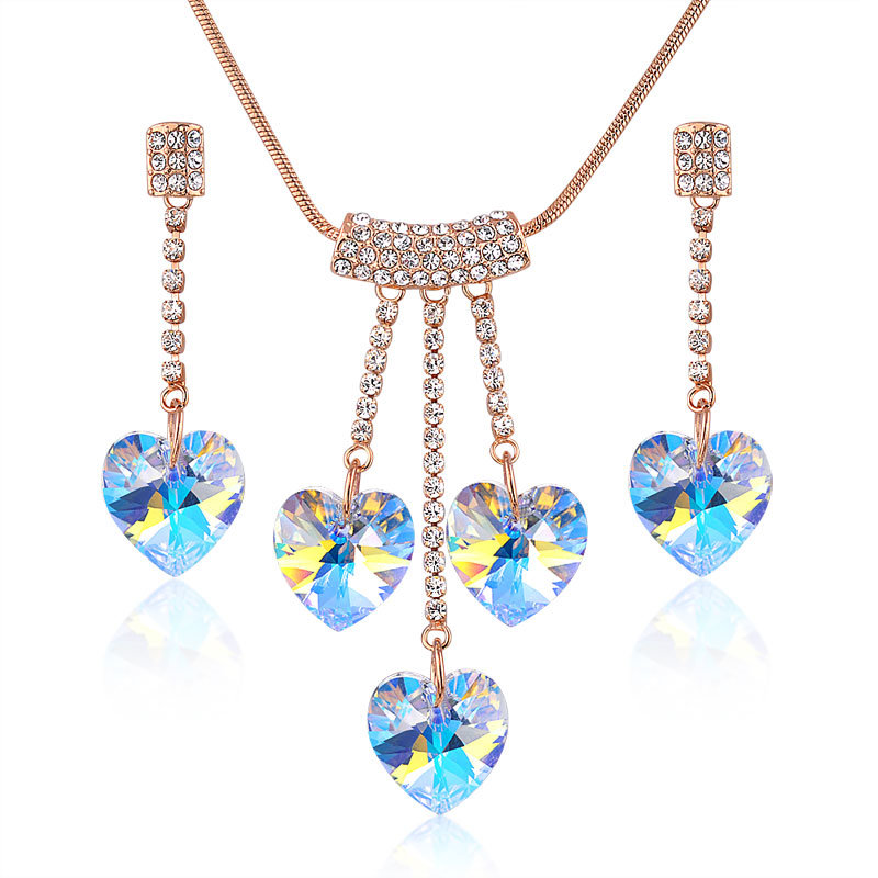 Ab Crystal Blue Rhinestone Alloy Romantic Heart Jewelry Set for Valentine