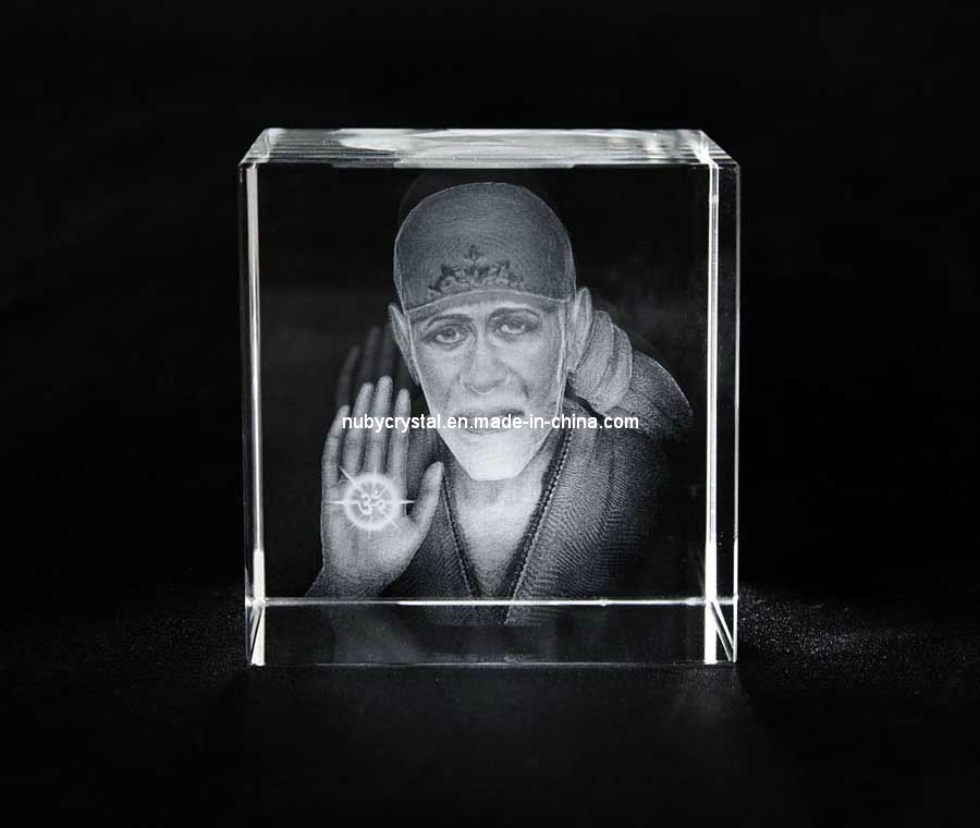 Sai Baba Photo in Crystal Cube for Hindu Souvenir Gift