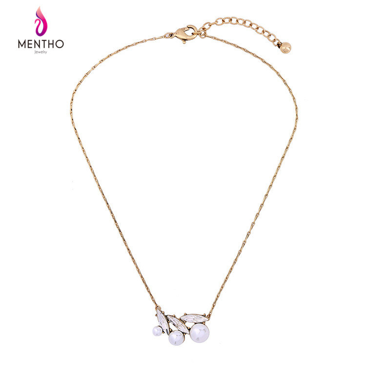 New Cheap Simple Retro Srystal Studded Long Chain Alloy Necklace Pearl Pendant Jewelry