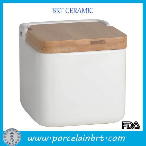 Pet Product Ceramic Dog Food Storage Container with Wooden Lid
