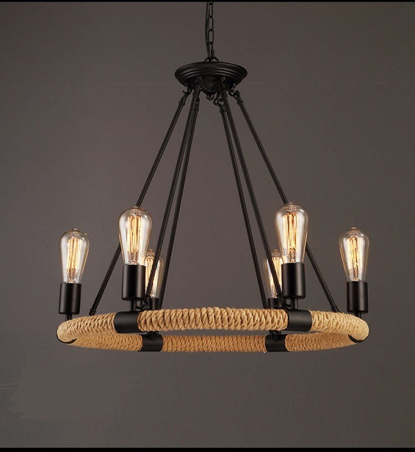 American Country Style Loft Retro Hemp Rope Pendant Lamp with 6 Lights