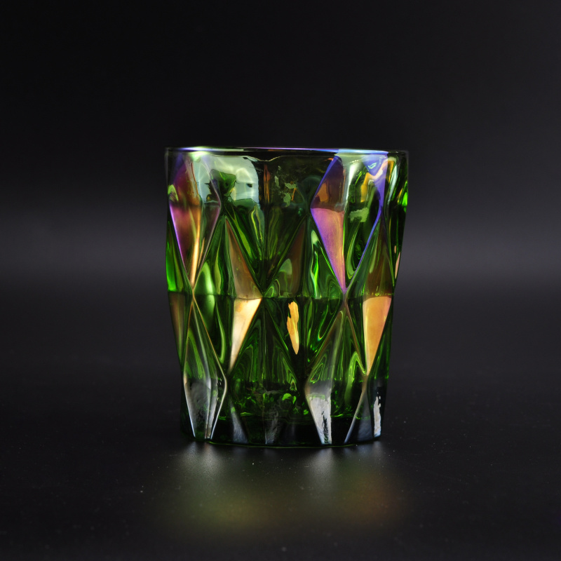 Green Colored Glass Candle Jar with Iridescent