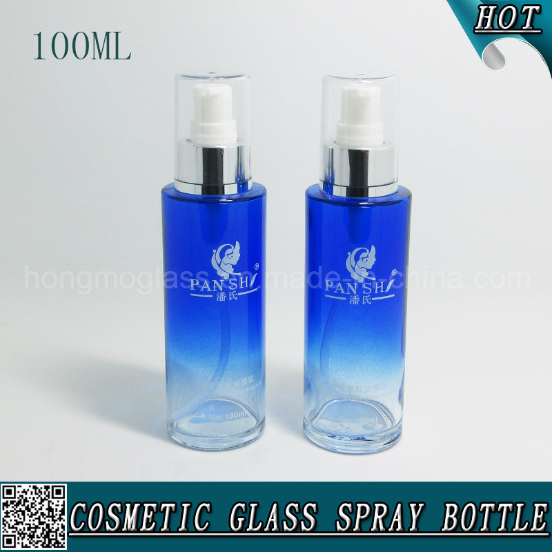 100ml Blue Cosmetic Glass Lotion Pump Bottle with Plastic Cap