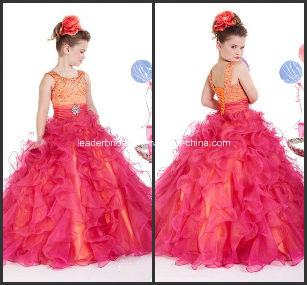 Custom Girls Pageant Dresses Prom Ball Gown Square Sweep Train Ruffle Beaded Crystal Sequins Organza Red Organza Pageant Dresses for Girls Nh94