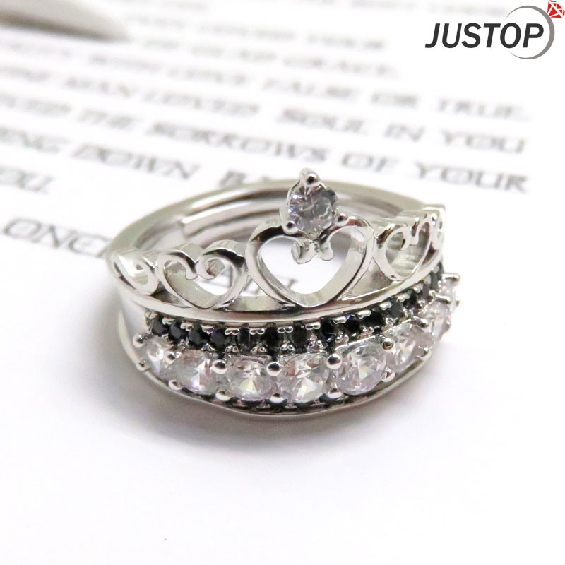Black Crystal Crown White Diamond Stacking Ring in Silver Plated