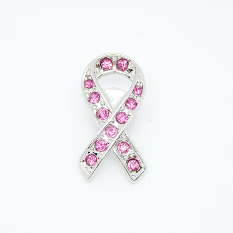 Custom Alloy Silver Plated Breast Cancer Pink Crystal Ribbon Pin