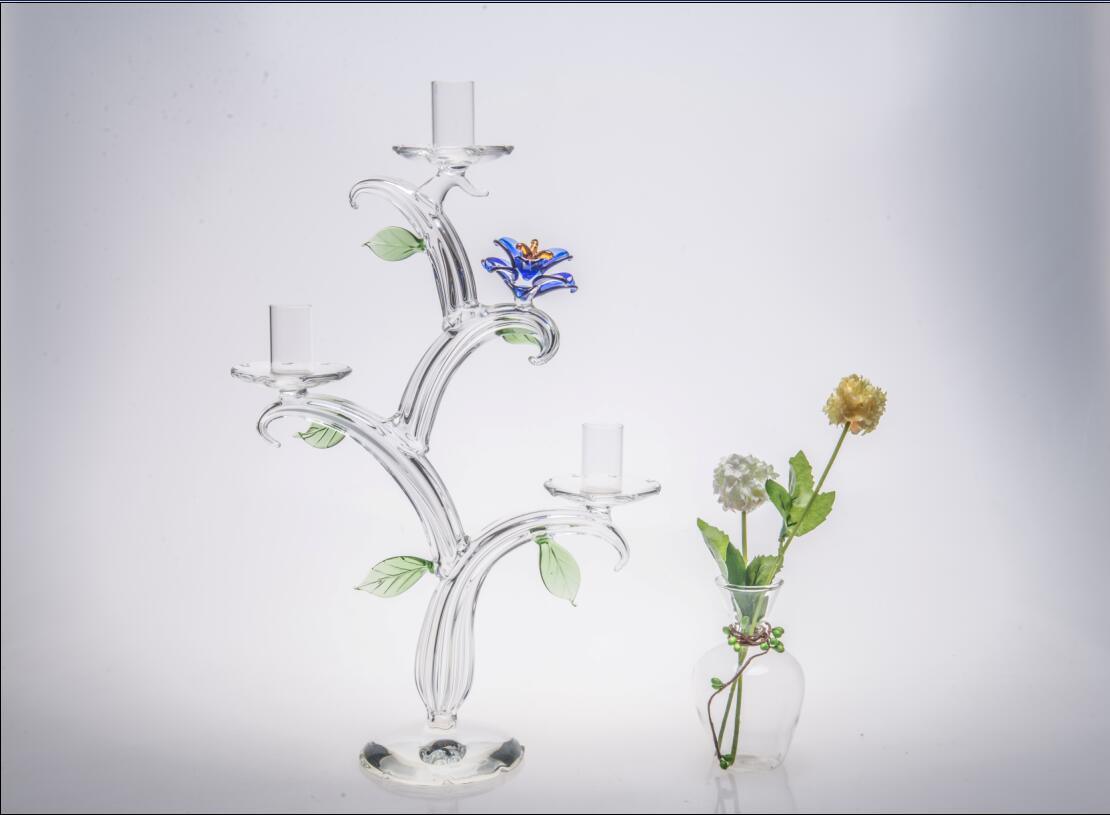 Three Poster Clear Glass Candle Holder for Wedding Decoration with Color Glass Flower