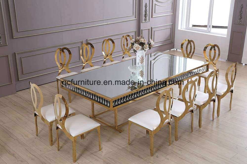 Wedding Decoration Golden Frame Mirror Glass Top 12 Seater Dining Table with Crystal