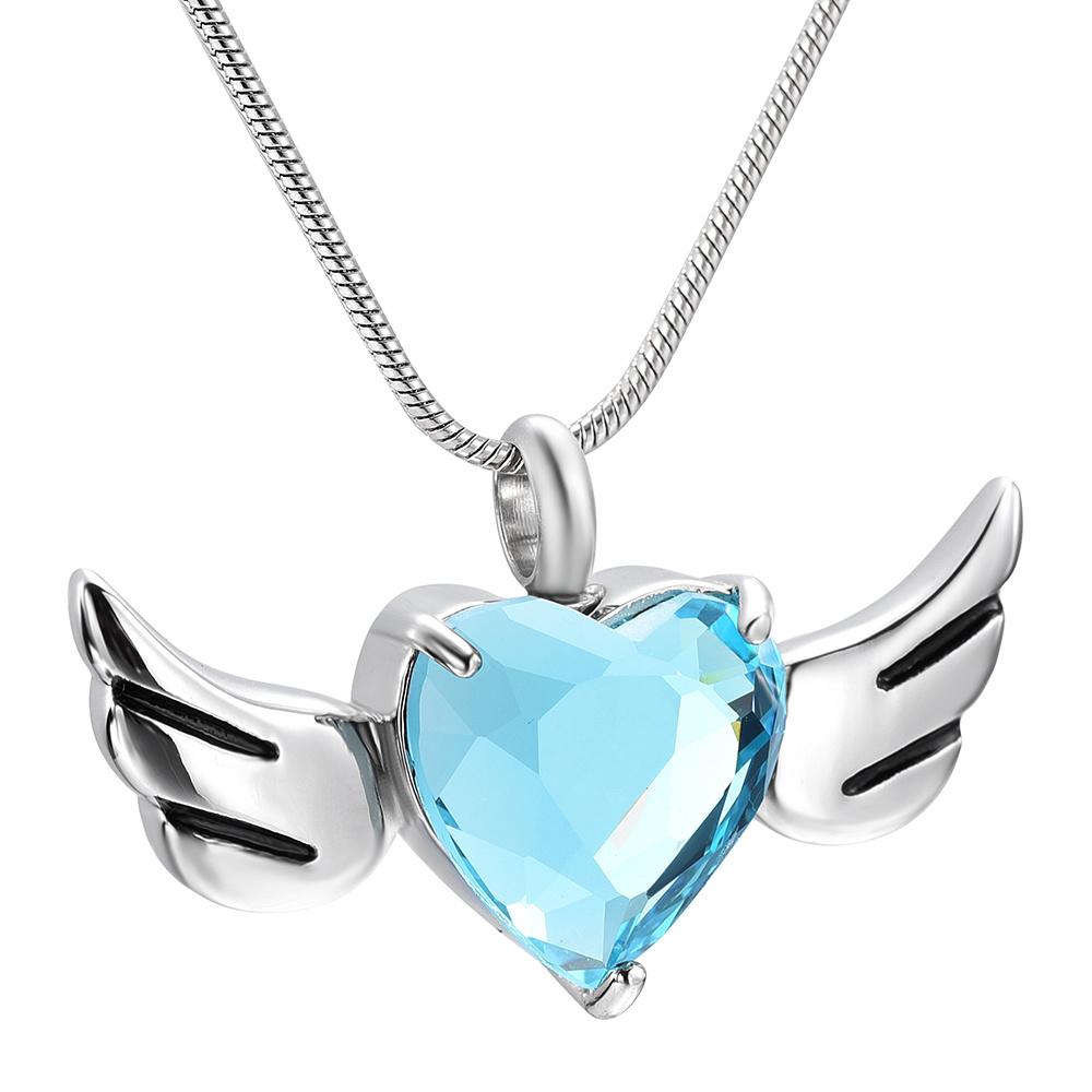 Ocean Blue Heart Crystal Jewellery Angel Wings Cremation Urn Pendant