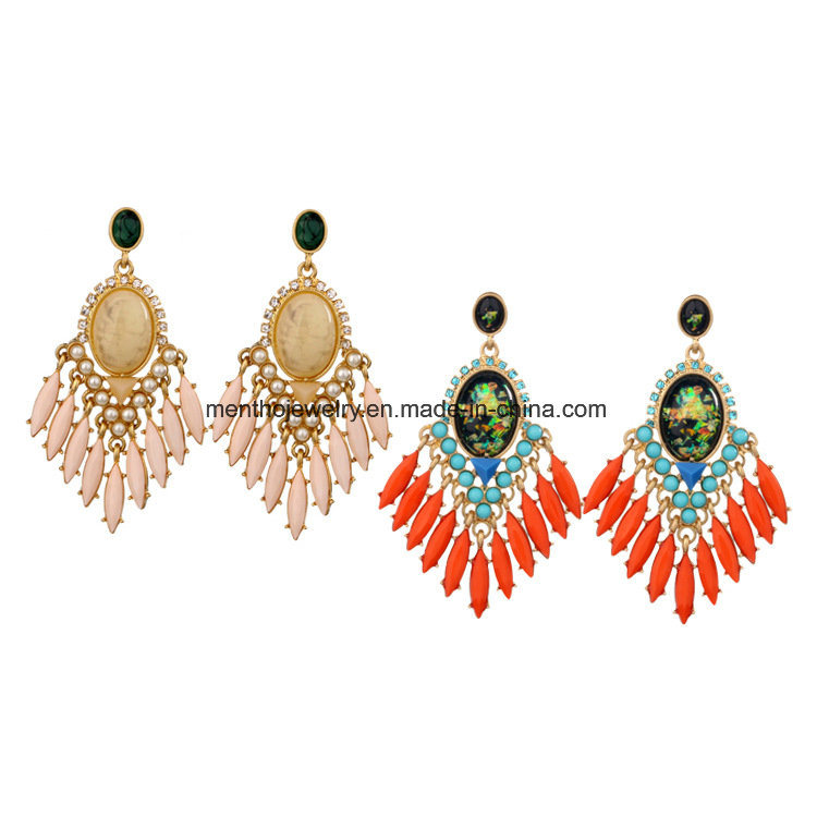 Statement Ethnic Colorful Gems Tassel Women's Earring Water Drop Design Crystal Studded Jewelry