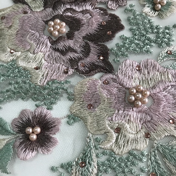 Lace with 3D Flower Embroidery Made with Silk Yarn Stones and Pearl
