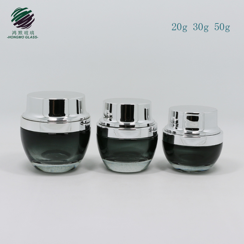 50g 30g 20g Gradient Black Color Glass Cosmetic Cream Jar with Silver Cap