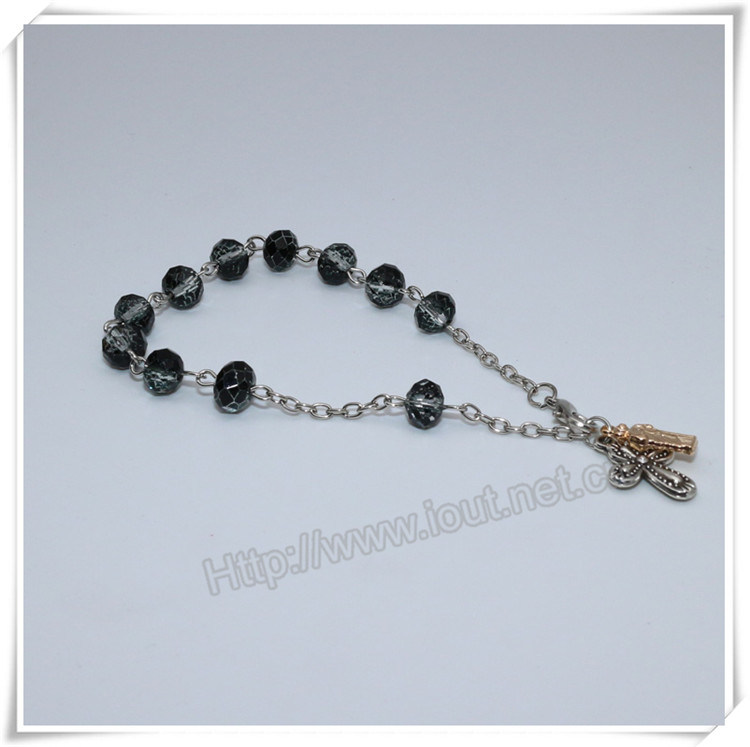 Black Glass Beads Catholic Rosary Bracelet on Chain (IO-CB182)