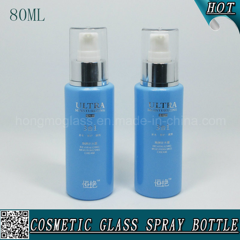 80ml Cylinder Blue Cosmetic Glass Lotion Pump Bottle