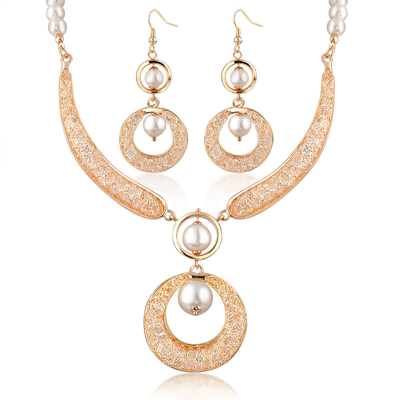 Ladies Wedding Crystal Necklace Earring Round Shaped 18K Gold Plated Jewelry Set