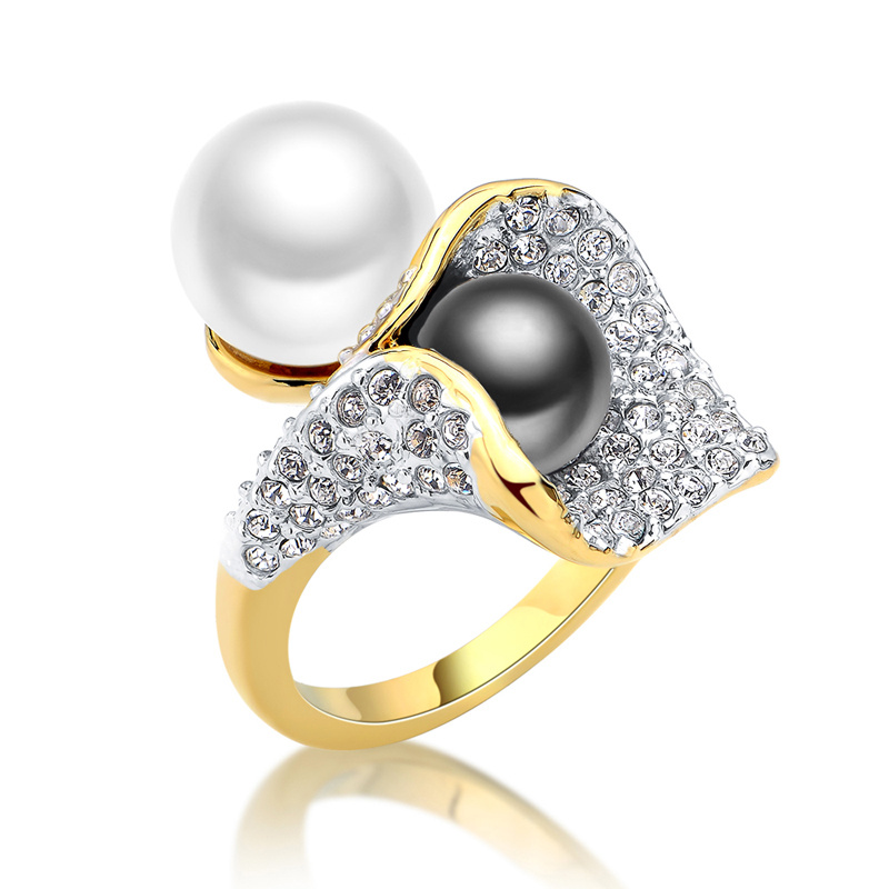 Yellow Gold Plating Crystal Alloy Pearl Bead Jewelry Ring