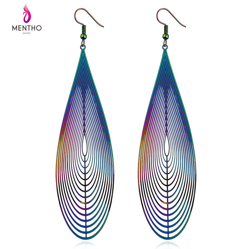 New Stainless Steel Colorful Hollow Long Water Drop Design Women's Earrings