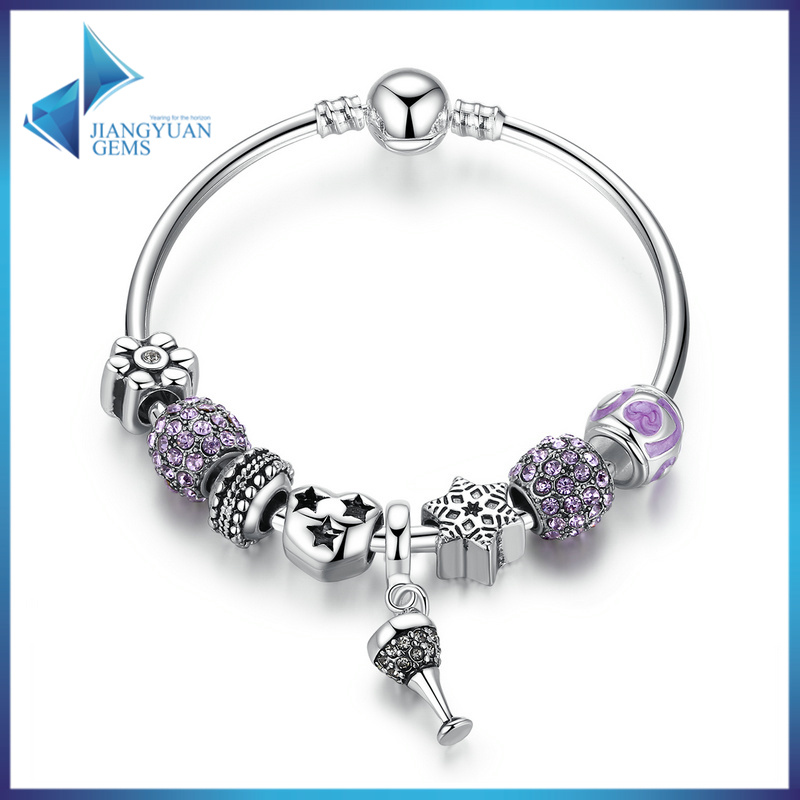 Openwork Heart Charm Bracelets with Purple Crystal Beads Bracelets & Bangles for Women Jewelry