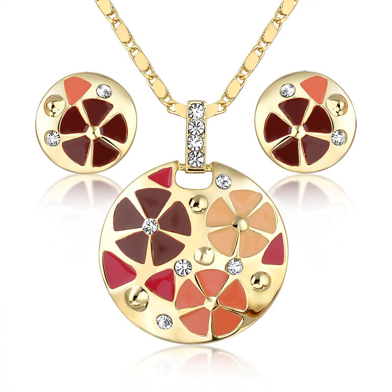 Round Pendant Necklace Enamel Artificial Custume Jewelry Set