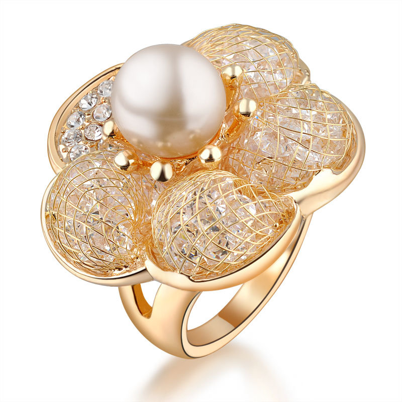 Fashion Jewelry with Pearl 18K Gold Color Ring for Women