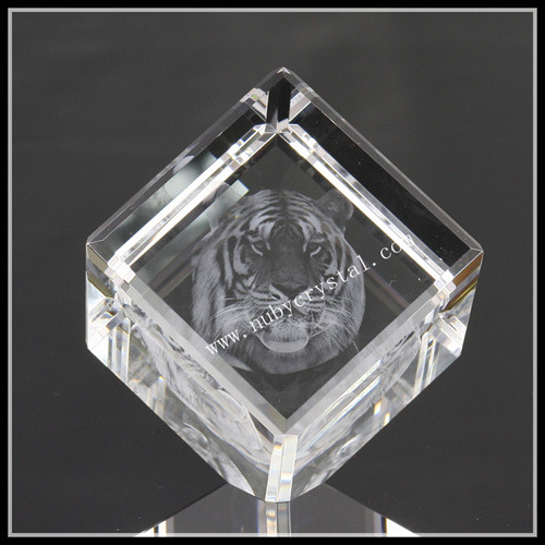 3D Laser Tiger Image in Diamond Crystal Cube