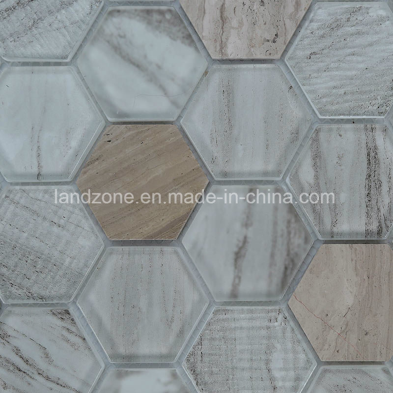 Hexagonal Wave Surface Pattern Glass Mix Marble Mosaic
