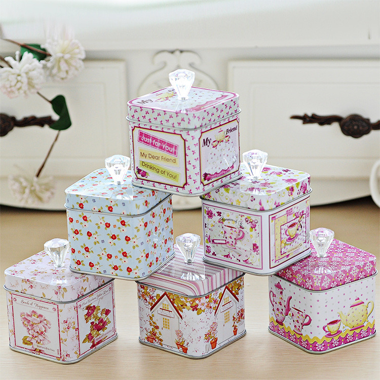 Crystal Handles Retro Style Sweets Tin Canister Sewing Box