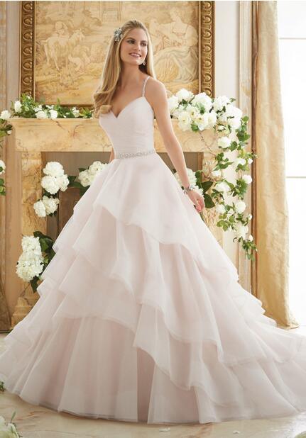 Thin Beaded Straps Sweetheart Flounce Skirt Organza Button Wedding Dress Gown