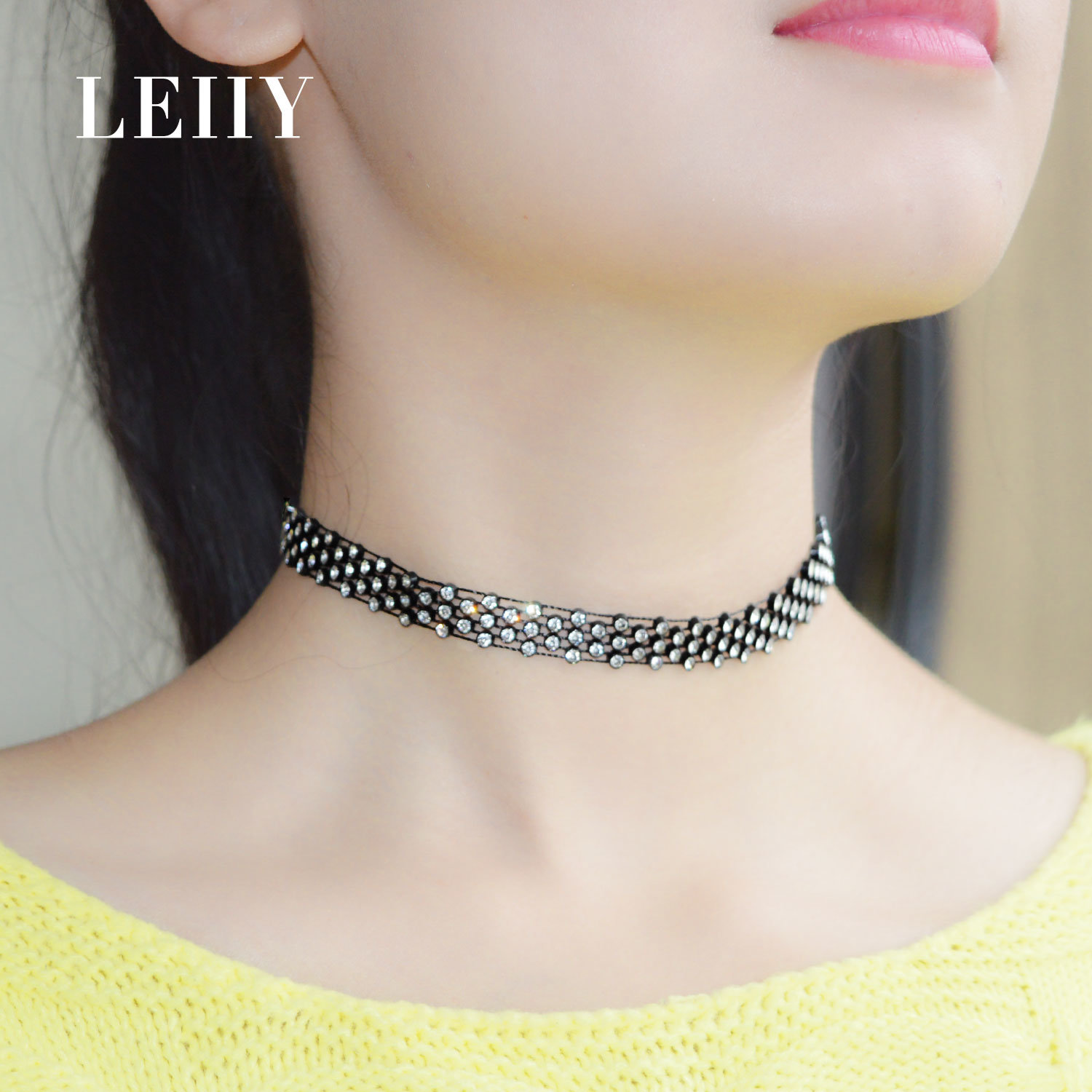 Transparent Crystal Black Wire Choker Necklace for Women
