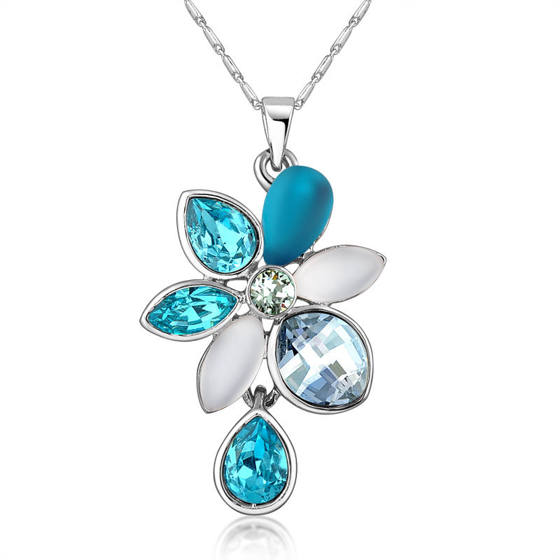 Flower Pendant Blue Crystal Gold Plating Chain Fashion Jewelry Necklace