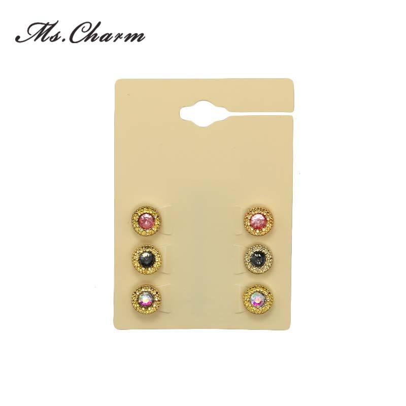 Top Quality Crystal Stud Earring Gold-Color Pink Colorful 3 Colors