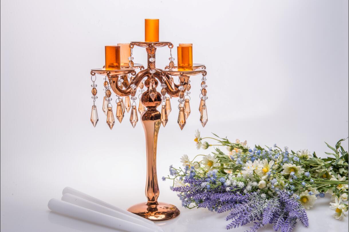 Golden Five Poster Glass Candle Holder for Wedding Decoration