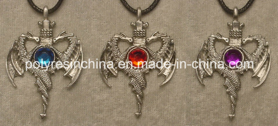 Pewter Double Dragon Pendant (with colorful crystal)