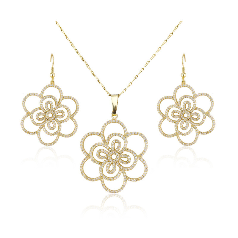 Gold Micro Pave Zirconia Big Flower Design Charm Bridal Jewelry Set