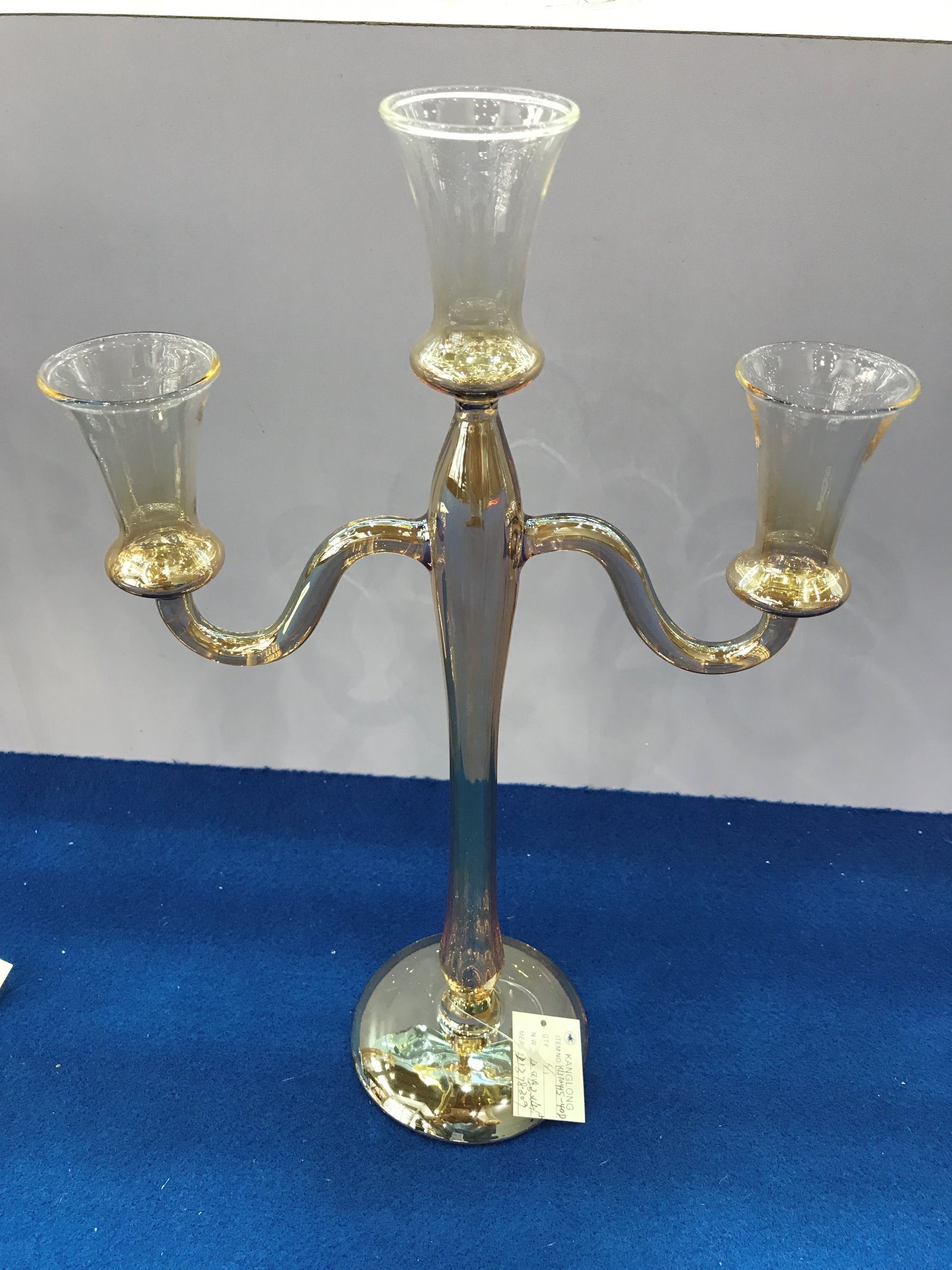 Metallic Gold Color Glass Candle Holder with Three Poster