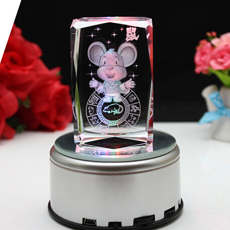 Crystal Galss Cube with LED Light Animal 3D Laser Engraving