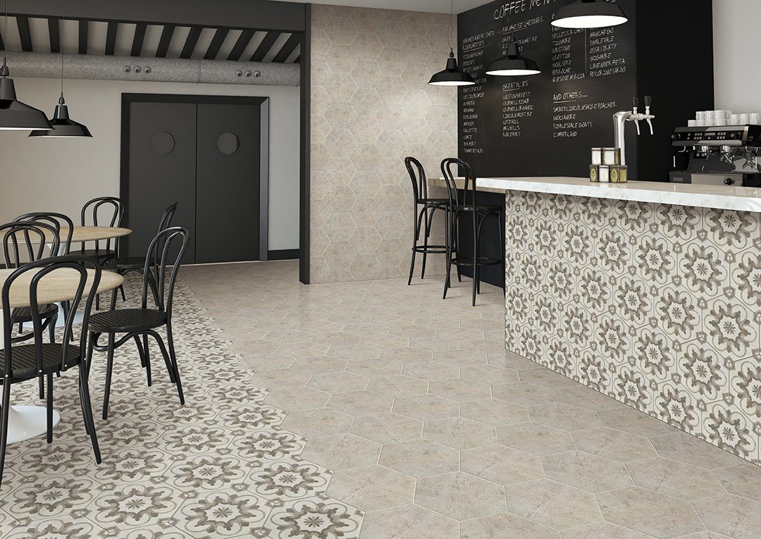 Grey Hexagon Building material 260*300mm Flower Pattern Porcelain Floor Tile