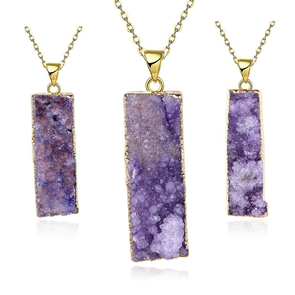 Fashion Jewelry Natural Purplre Rectangle Crystal Pendant Gold Necklace
