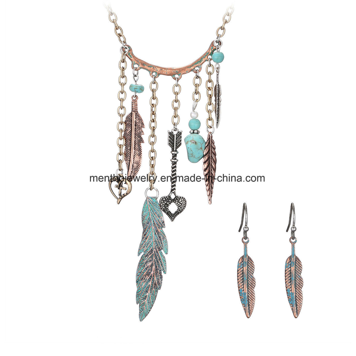 New Multi-Pendant Bohemian Style Bead Necklace and Eardrop Jewelry Set