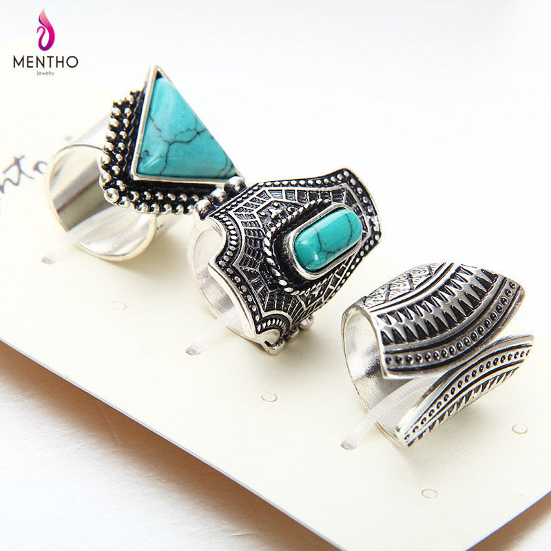 European and American Geometric Retro Couple Rings Turquoise Studded Alloy Ring Set Jewelry