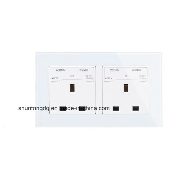 Double 13A UK Switched Socket Crystal Tempered Glass Double USB Socket 5V2a Switch and 13A UK Socket