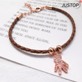 Brown One Wrap Leather Bracelet with Human Shape Crystal Pendant