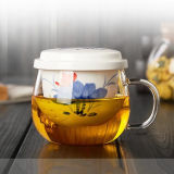 Flower Design Glass Tea Cup with Ceramic Filter Tea Glass Gift Cup