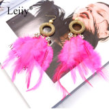 Women Fashion Jewelry Rose Red Feather Long Tassel Drop Earrings